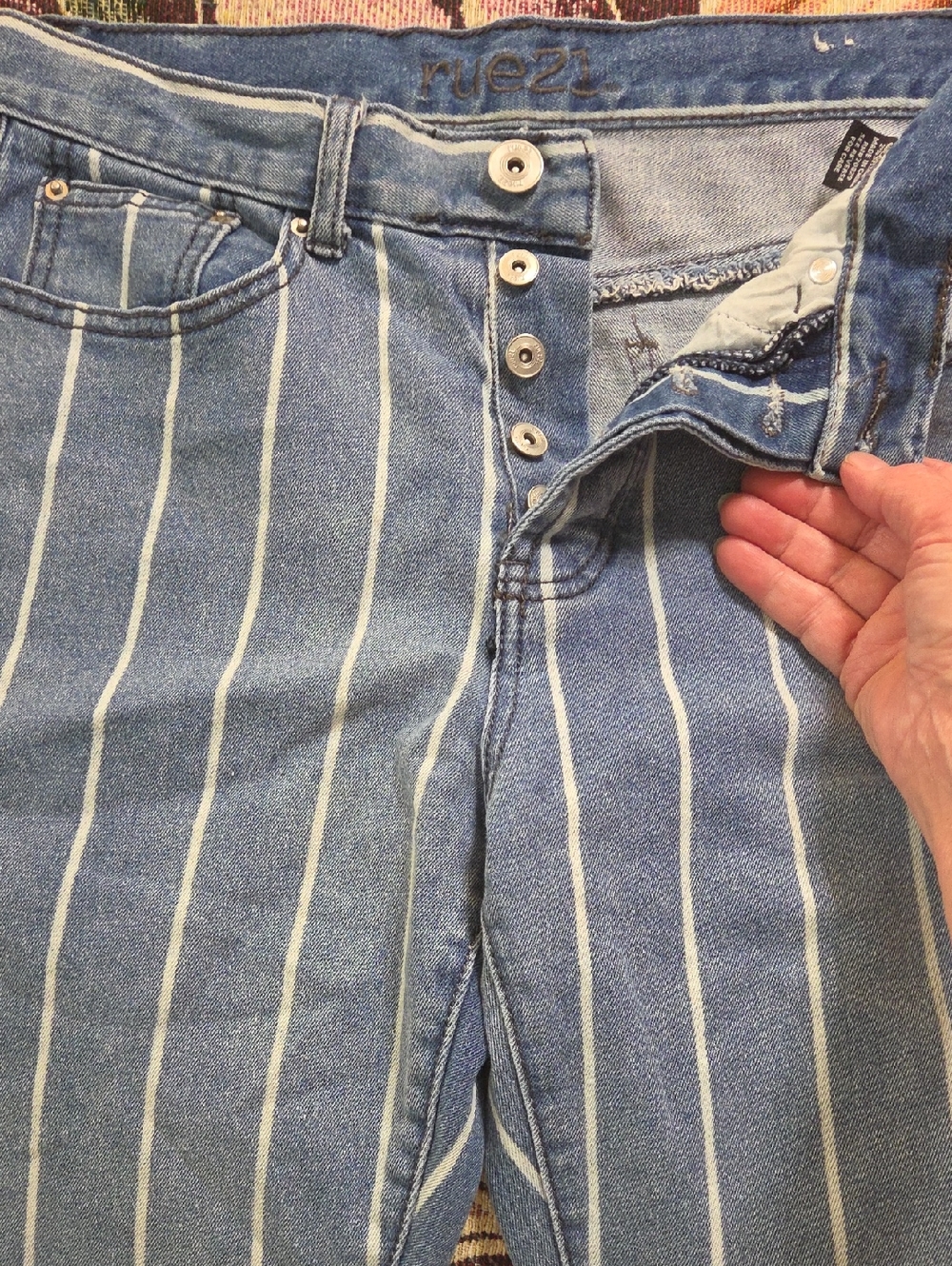 Rue21 Blue and White Vertical Stripe Button-Fly Jeans